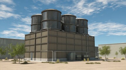 Obraz premium Industrial Water Cooling Towers in Desert Landscape with Clear Sky