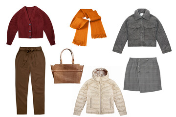 Female Knitted Clothes Collage Set Isolated. Stock Image