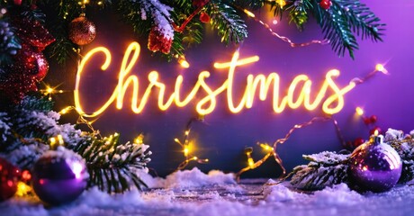 Bright neon Christmas sign surrounded by festive decorations. Snow covered branches, colorful ornaments create joyful winter scene.