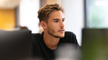 programmer. A programmer concentrating at a modern workspace with natural side lighting and a clean backdrop. product launch decks.
