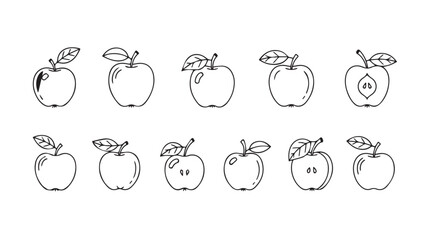 Collection of artistic hand-drawn apples with leaves and halved slices fresh fruit collection silhouette