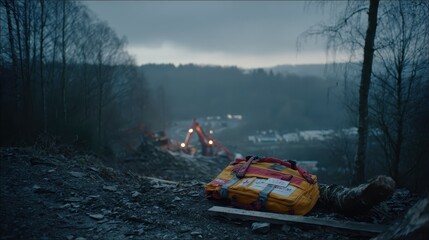 Emergency Rescue Kit on Disturbed Ground at Dusk in Rural Landscape