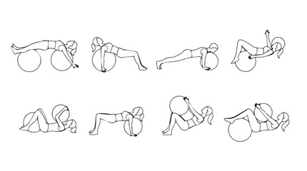 Fitness exercises series demonstrating core strength training with stability ball movements silhouette