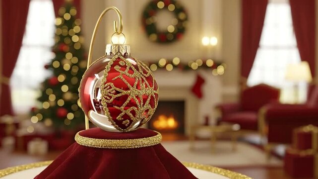 A red and gold Christmas ornament with a glittery snowflake pattern hangs from a stand in a warmly lit festively decorated room with a fireplace and tree in the background