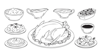 Whimsical hand-drawn thanksgiving dinner feast illustration featuring roasted turkey gravy and side dishes silhouette