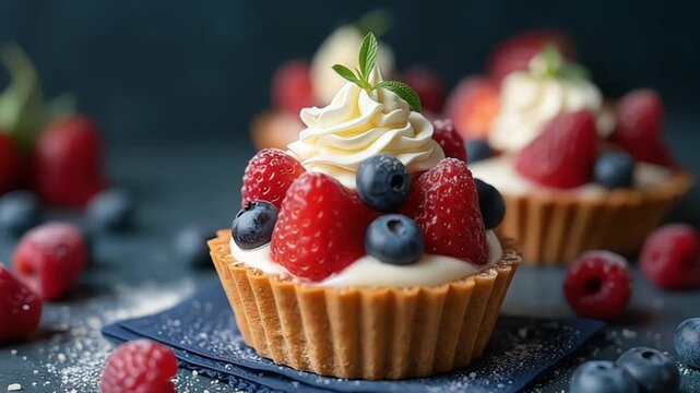Delicious berry tartlets with fresh cream and mint garnish on a blue napkin