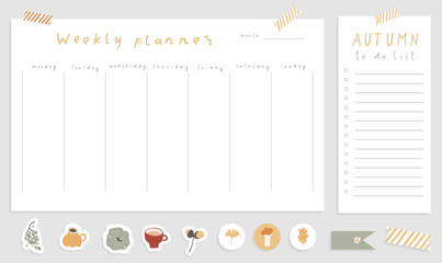 Cozy autumn weekly planner template with daily checklist and notes section. Fall printable stationery design for organization. Cute stickers and decorative elements in soft neutral autumn colors