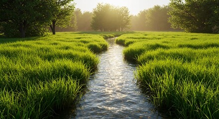 Obraz premium Green Grass Field with Stream and Trees