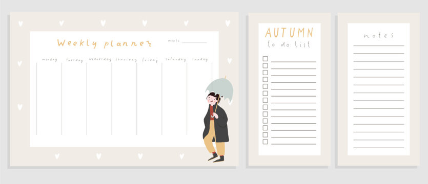 Cozy autumn weekly planner template with daily checklist and notes section. Fall printable stationery design for organization. Cute stickers and decorative elements in soft neutral autumn colors