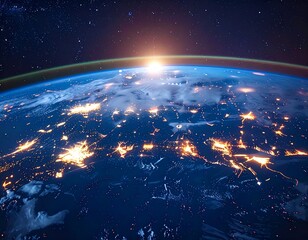 夜の地球に昇る太陽：新たな始まりの瞬間