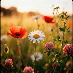 Wildflower Meadow at Sunset, wildflower garden, poppy flower, chamomile flowers