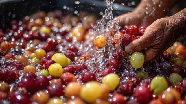 Fresh grapes being washed under clean running water with hands immersed in a bowl filled with a variety of red and green grapes gening in sunlight.
