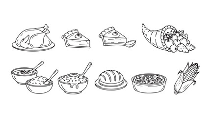 Hand drawn thanksgiving food collection festive seasonal meal elements celebration feast dinner silhouette