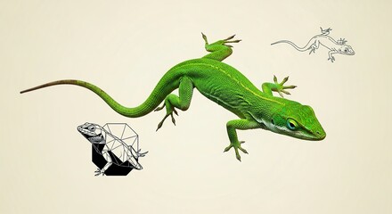 Naklejka premium Green lizard with line drawings