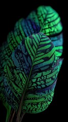 Intricate patterns and vibrant colors highlight the detailed structure of two intricately designed feathers against a dark backdrop.