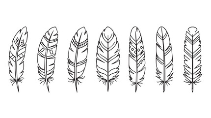 Collection of seven hand drawn sketchy feathers black and white line art silhouette
