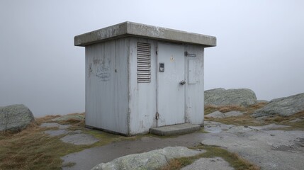 Isolated weather station structure on rocky terrain in foggy conditions