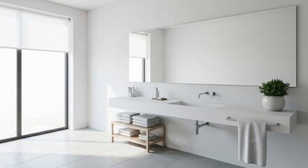 A bright, modern bathroom with a long vanity, large mirror, and a window letting in natural light.