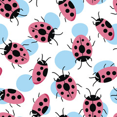 Fototapeta premium Fashion animal seamless pattern with colorful ladybird on white background. Cute holiday illustration with ladybags for baby. Design for invitation, poster, card, fabric, textile.
