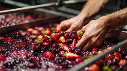 Fresh strawberries and raspberries being washed in a large container filled with water as hands carefully sort through the fruit for cleaning purposes.