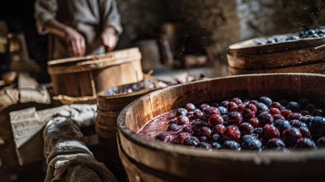 Baskets filled with ripe plums and cherries sitting on a rustic wooden table with blurred hands in the background preparing fruit for preservation or processing. - Powered by Adobe