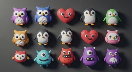 Cute Owl Penguin Heart and Monster Figurines Collection