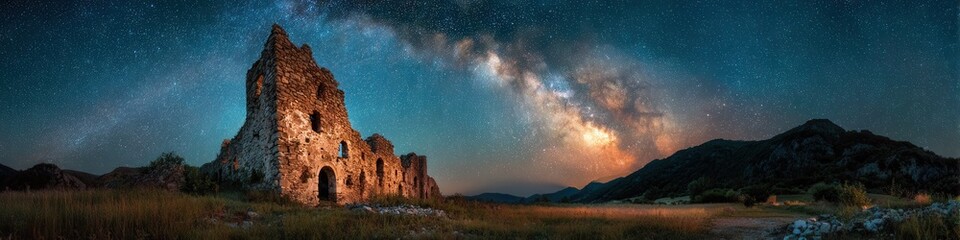 Fototapeta premium Majestic Milky Way arches above an ancient crumbling castle ruin, casting a moody, ethereal light across the serene and timeless landscape at twilight.