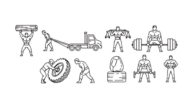 Athletic individuals demonstrating strength and power in various feats of physical prowess silhouette