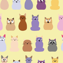 Obraz premium Seamless pattern with cute kitten print. Different scandy cats on color background. Scandinavian style illustration for kids. Vector illustration for fabric, textile, wallpaper, home clothing, pajama.
