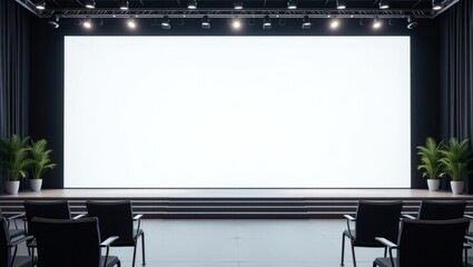 An empty presentation stage with a blank screen, ready for any announcement or slideshow. The stage is well-lit with spotlights, with chairs waiting for the audience.