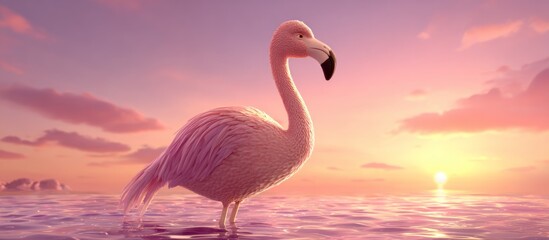 Fototapeta premium A pink flamingo stands in shallow, pink-hued water at sunset, silhouetted against a pastel sky with fluffy clouds. The scene is serene and idyllic, with the flamingo appearing calm and peaceful
