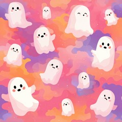 Playful Specters: Whimsical illustrations of friendly, cartoon ghosts float against a dreamy, colorful background, creating a charming and imaginative scene.