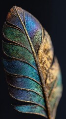 Close-up of a meticulously crafted, iridescent feather, showcasing vibrant hues of teal, gold, and deep blues, with a detailed texture.