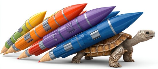 A tortoise carries colorful rocket-shaped pencils, symbolizing slow but steady progress and creative power
