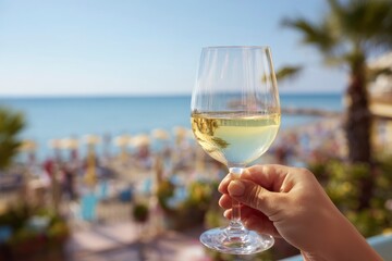 Obraz premium A hand holds a glass of white wine A beach scene with people umbrellas and palm trees is in the blurred background