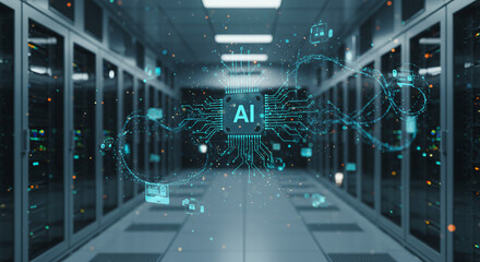 Cutting-edge AI chip in a modern server room promises powerful computing and data solutions, enhancing business efficiency and technological innovation