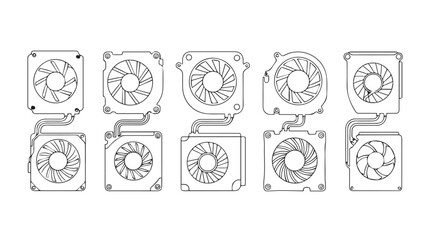 Collection of ten different computer cooling fan designs for enhanced ventilation and performance silhouette