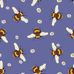 Seamless pattern with bees on floral background. Small wasp. Vector illustration. Adorable cartoon character. Template design for invitation, cards, textile, fabric. Doodle style.