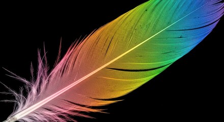 A Vibrant Rainbow Colored Feather Against a Dark Background
