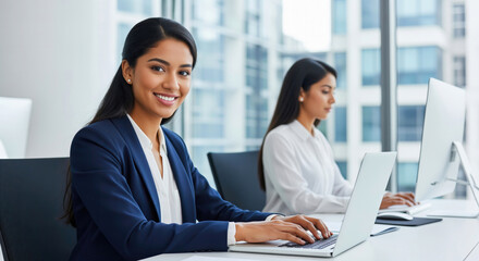 Fototapeta premium Smiling young Indian business woman, an IT specialist, working o
