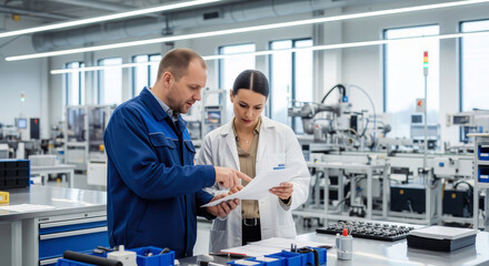 Two dedicated employees collaborating and discussing important n