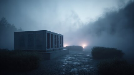 Fototapeta premium Foggy Landscape with Modern Building and Subtle Lights at Dusk