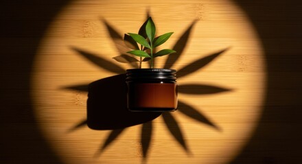 Small plant in jar casts a star shaped shadow