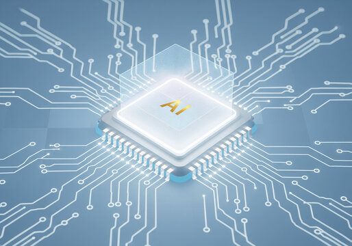 Futuristic silver microchip glowing with neon white circuits representing digital AI technology
