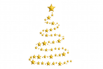Golden stars forming minimalist christmas tree with top star, celebrating festive holidays, transparent background concept