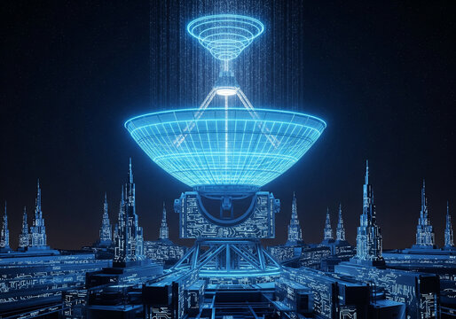 Futuristic AI glowing holographic hub with neon data circuits connecting cyber city system