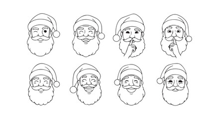 Set of eight diverse hand-drawn santa claus faces expressing different emotions and poses silhouette