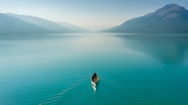 Breathtaking landscape of a serene turquoise lake with a single canoe. Majestic mountains and clear reflections.
