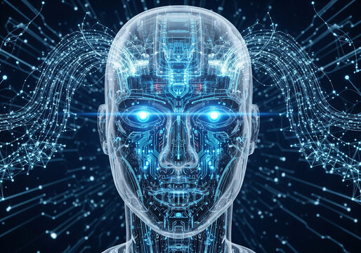 Futuristic digital AI face with neon circuits representing artificial intelligence technology
