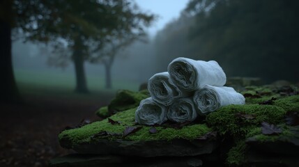Freshly Rolled Towels on Mossy Stone in Serene Misty Landscape